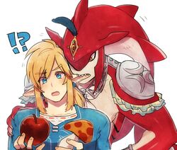  !? 2boys apple biting blonde_hair blue_eyes blush champion&#039;s_tunic_(zelda) commentary_request ear_biting fingerless_gloves food fruit gloves link male_focus monster_boy multiple_boys mushroom oerba_yun_fang pointy_ears sidon surprised the_legend_of_zelda the_legend_of_zelda:_breath_of_the_wild tunic v-shaped_eyebrows yaoi yuma_(zero) zora 