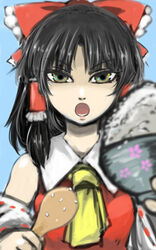  alternate_eye_color ascot black_hair blue_background blurry bow bowl collar commentary_request depth_of_field detached_sleeves feeding female floral_print ginji_(sakaki_summer) gradient_eyes hair_tubes hairbow hakurei_reimu incoming_food japanese_clothes looking_at_viewer miko multicolored_eyes open_mouth red_bow ribbon-trimmed_sleeves ribbon_trim rice rice_bowl short_hair solo teeth touhou upper_body wooden_spoon 