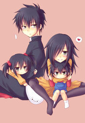  ... 2boys 2girls aged_down bags_under_eyes black_hair black_jacket black_pants black_pantyhose blazer blue_overalls blush brother_and_sister commentary_request dual_persona gakuran green_eyes hair_bobbles hair_ornament hair_over_one_eye heart hood hood_down hoodie hug hug_from_behind jacket kuroki_tomoki kuroki_tomoko lolicon long_hair long_sleeves miyata_(miyatami07) multiple_boys multiple_girls no_shoes one_eye_covered orange_hoodie orange_jacket orange_skirt overalls pants pantyhose red_shirt school_uniform shirt shoboon short_hair siblings simple_background skirt smile socks speech_bubble spoken_ellipsis spoken_heart time_paradox twintails watashi_ga_motenai_no_wa_dou_kangaetemo_omaera_ga_warui! white_socks 