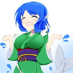  blue_hair breasts closed_eyes colored_eyelashes commentary_request drill_hair female fins green_kimono happy head_fins japanese_clothes kimono large_breasts mermaid monster_girl obi open_mouth sash shunki solo splashing touhou wakasagihime 