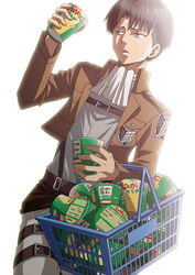  1boy ascot black_hair buckle commentary_request curtained_hair dutch_angle emblem holding jacket jagariko levi_(shingeki_no_kyojin) male_focus paradis_military_uniform photoshop_(medium) shingeki_no_kyojin short_hair solo survey_corps_(emblem) uniform very_short_hair white_background yyukke 