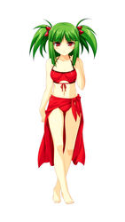  ass_visible_through_thighs bare_legs bare_shoulders barefoot beatmania_iidx bikini blush breasts collarbone female full_body green_eyes hair_ornament halterneck highres hishimiya_tsugaru kinoshita_ichi looking_at_viewer medium_breasts navel red_bikini sarong solo standing swimsuit two_side_up white_background 