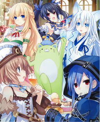  5girls absurdres alcohol animal_ears artbook bare_shoulders black_hair blanc_(neptunia) blonde_hair blue_eyes blue_hair blush braid breasts brown_hair cake cleavage creator_connection cropped crossover cup drinking_glass eating effole_(fairy_fencer_f) fairy_fencer_f food food_on_face fork hair_ornament hat highres holding holding_cup hood hoodie karin_(fairy_fencer_f) long_hair looking_at_viewer medium_breasts multiple_girls neptune_(series) noire_(neptunia) official_art open_mouth plate red_eyes ribbon scan short_hair skirt small_breasts smile tsunako twintails utensil_in_mouth vert_(neptunia) white_hair wine wine_glass 