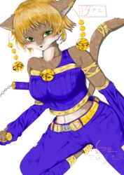  anthro bell blonde_hair brown_body brown_fur daena domestic_cat felid feline felis female fur green_eyes hair kemono legend_of_mana mammal mana_(series) navel shikibetsuko short_hair simple_background solo square_enix white_background 