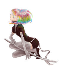  1other androgynous bad_id bad_pixiv_id bodysuit diamond_(houseki_no_kuni) elbow_gloves flat_chest from_side full_body gem_uniform_(houseki_no_kuni) gloves gradient_hair holding holding_weapon houseki_no_kuni katana leaning_forward miwayama multicolored_eyes multicolored_hair other_focus profile puffy_sleeves rainbow_eyes rainbow_hair sash shoes short_hair short_sleeves simple_background solo squatting sword thighhighs tiptoes turtleneck weapon white_background white_gloves white_thighhighs zettai_ryouiki 