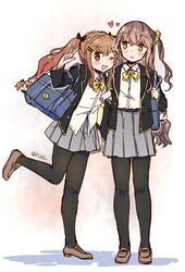  2girls blush bow bowtie brown_eyes brown_hair commentary_request girls&#039;_frontline grey_hair happy multiple_girls one_eye_closed plug_(feng-yushu) scar scar_across_eye scar_on_face school_uniform shoes smile thighhighs twintails ump45_(girls&#039;_frontline) ump9_(girls&#039;_frontline) 