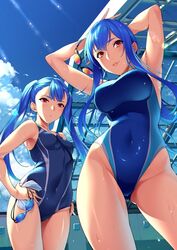  2girls arms_behind_head blue_hair blue_one-piece_swimsuit blue_sky breasts cloud commentary_request competition_swimsuit cowboy_shot day goggles hand_on_own_hip large_breasts long_hair looking_at_viewer minori_(sugarbeat) multiple_girls one-piece_swimsuit original outdoors parted_lips red_eyes rooftop sidelocks sky standing sugarbeat swimsuit twintails unworn_goggles unworn_swim_cap yukari_(sugarbeat) 