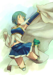  armband blue_eyes blue_hair cape commentary_request female gloves jumping kabane_(follabi) magical_girl mahou_shoujo_madoka_magica mahou_shoujo_madoka_magica_(anime) midriff miki_sayaka miki_sayaka_(magical_girl) short_hair smile solo soul_gem thighhighs 