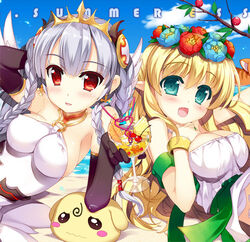  2girls aqua_eyes blonde_hair blush blush_stickers breasts cherry commentary_request covered_nipples day drink elbow_gloves feline flower food freyja_(p&amp;d) fruit fujima_takuya gloves grey_hair head_wreath large_breasts light_valkyrie_(p&amp;d) long_hair looking_at_viewer medium_breasts multiple_girls open_mouth orange_(fruit) pineapple pointy_ears puzzle_&amp;_dragons red_eyes shynee_(p&amp;d) smile tiara valkyrie_(p&amp;d) wavy_mouth 