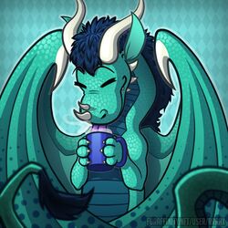  1:1 2017 beverage digital_media_(artwork) dragon drinking feral happy male mythological_creature mythological_scalie mythology ra-xxx reptile rokko scalie smile solo tea tongue turquise wings 