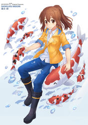  artist_name blush boots brown_eyes brown_hair bubble character_name commentary_request dress_shirt english_text female fish highres jacket koi npcpepper original pants photoshop_(medium) ponytail rubber_boots shirt smile solo water 