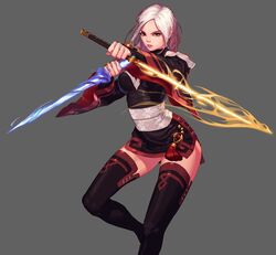  dual_wield dual_wielding dungeon_and_fighter earring earrings energy_sword female female female_slayer female_slayer_(dungeon_and_fighter) glowing jewelry long_hair looking_at_viewer red_eyes short_hair simple_background slayer slayer_(dungeon_and_fighter) solo sword vagabond weapon white_hair 