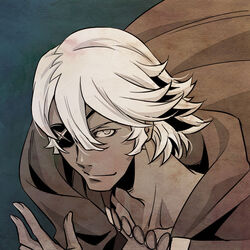  1boy blue_background cape commentary_request eyepatch fire_emblem fire_emblem_fates male_focus monochrome niles_(fire_emblem) portrait shima_deadstock solo 