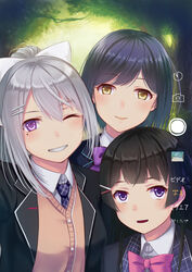  3girls black_hair blazer blush bow breasts cardigan closed_mouth commentary_request fake_phone_screenshot fake_screenshot grey_hair hair_ornament hairbow hairclip higuchi_kaede higuchi_kaede_(1st_costume) jacket jk_gumi_(nijisanji) koko_(koko3) long_hair looking_at_viewer medium_breasts mole mole_under_eye multiple_girls necktie nijisanji one_eye_closed open_clothes open_jacket outdoors parted_lips pink_bow ponytail purple_bow purple_eyes shizuka_rin shizuka_rin_(1st_costume) short_hair smile teeth tsukino_mito tsukino_mito_(1st_costume) virtual_youtuber white_bow yellow_eyes 