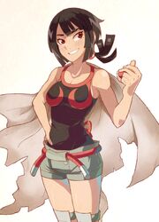  black_hair breasts cleavage cloak female grin hand_on_hip higana_(pokemon) highres holding holding_poke_ball luna-arts poke_ball pokeball pokemon pokemon_(game) pokemon_oras red_eyes sally_(luna-arts) sally_(yuki-menoko) short_hair short_ponytail short_shorts shorts simple_background sleeveless smile solo tank_top tanktop thighhighs 