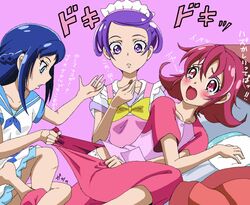  3girls aida_mana apron barefoot bed blue_eyes blue_hair blue_sailor_collar blush clothes_grab commentary_request dokidoki!_precure eyelashes flipped_hair hishikawa_rikka kenzaki_makoto leg_lock long_hair maid_headdress multiple_girls pajamas panties pink_eyes pink_hair precure purple_eyes purple_hair rena_(manta3104) resisting sailor_collar short_hair suppository tears translated underwear undressing yuri 