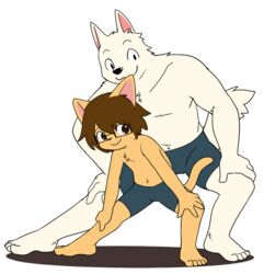  2016 anthro canid canine canis clothing digital_media_(artwork) domestic_cat domestic_dog duo felid feline felis interspecies looking_at_viewer male mammal manmosu_marimo pose shota_feline_(marimo) simple_background underwear white_background white_canine_(marimo) young young_anthro 