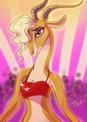  antelope anthro blonde_hair bovid brown_eyes cel_shading clothed clothing digital_media_(artwork) disney female fiszi front_view gazelle gazelle_(zootopia) grant&#039;s_gazelle hair hi_res horn long_ears long_neck looking_at_viewer mammal nanger shaded skimpy smile solo true_antelope zootopia 