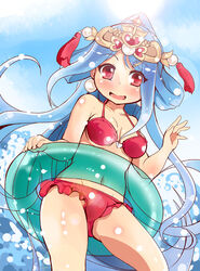  bikini blue_hair blush body_blush commentary_request female headdress highres innertube lakshmi_(lord_of_vermilion) lens_flare long_hair looking_at_viewer lord_of_vermilion open_mouth photoshop_(medium) red_bikini red_eyes shi_ecchi shiny_skin solo swim_ring swimsuit very_long_hair 