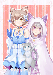  1boy :3 airysher animal animal_ears animal_hood bare_shoulders blue_eyes blue_legwear blunt_bangs border bow brown_hair cape cat_ears choker collarbone commentary_request crossdressing detached_sleeves dress ear_piercing emilia_(re:zero) feline felix_argyle female frilled_dress frills grey_cat grey_hair hairbow highres hood otoko_no_ko outside_border pantyhose piercing puck_(re:zero) re:zero_kara_hajimeru_isekai_seikatsu short_eyebrows short_hair smile spaghetti_strap standing striped striped_background thick_eyebrows white_border 