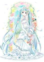  absurdly_long_hair aqua_eyes aqua_hair bridal_gauntlets commentary_request dress female flower hatsune_miku head_tilt long_hair looking_at_viewer nail_polish petals rose smile solo tsujiori twintails very_long_hair vocaloid white_dress 