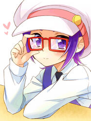  adjusting_eyewear aichi_shiho bad_id bad_pixiv_id blush dokidoki!_precure female glasses hat kenzaki_makoto light_smile photoshop_(medium) precure purple_eyes purple_hair short_hair solo table 