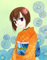  alternate_costume alternate_headwear bob_cut brown_hair choker female floral_print flower hair_flower hair_ornament japanese_clothes kimono obi obiage obijime orange_kimono purple_eyes sakura_maccha sash short_hair smile solo tactics youko_(tactics) 