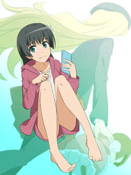  2girls alternate_eye_color barefoot black_hair casual cellphone commentary_request doll frenda_seivelun green_eyes highres holding holding_phone holding_stuffed_toy jack-barro jacket long_hair long_legs multiple_girls pantyhose phone saten_ruiko shorts smartphone smile stuffed_toy toaru_kagaku_no_railgun toaru_kagaku_no_railgun_t toaru_majutsu_no_index 