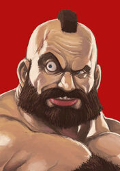  1boy achako_(badendo) beard blue_eyes chest_hair commentary_request facial_hair lips male_focus mohawk muscular nose pectorals photoshop_(medium) portrait raised_eyebrow red_background simple_background solo street_fighter topless_male zangief 