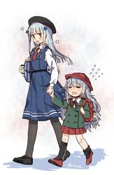  2girls aged_down anger_vein asymmetrical_legwear bag beret black_pantyhose black_socks black_thighhighs blue_hair closed_eyes commentary_request dress g11_(girls&#039;_frontline) girls&#039;_frontline green_eyes hat highres hk416_(girls&#039;_frontline) holding_hands kindergarten_uniform multiple_girls necktie pantyhose pinafore_dress plug_(feng-yushu) school_bag school_hat school_uniform sleepy sleeveless sleeveless_dress socks thighhighs uneven_legwear 