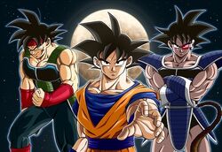  bardock clenched_fist clenched_hand crossed_arms dark_skin dbz dragon_ball dragon_ball_z goku light_skin lowres scouter son_gokuu tullece turles 