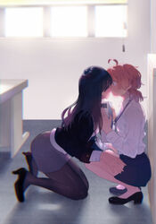  2girls aged_up ahoge black_hair black_skirt blouse blurry blush chromatic_aberration commentary_request depth_of_field dress_shirt grey_skirt high_heels holding kissing kneeling koito_yuu long_hair long_sleeves luo. miniskirt multiple_girls nanami_touko office_lady pantyhose partial_commentary pencil_skirt pink_hair pumps shirt short_hair skirt squatting surprise_kiss surprised twintails white_shirt yagate_kimi_ni_naru yuri 