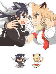  &gt;_&lt; 2girls :d animal_ears antlers bandaid bandaid_on_face bandaid_on_forehead black_hair blonde_hair commentary extra_ears fur_collar hair_between_eyes highres horns kemono_friends lion_(kemono_friends) lion_ears lion_tail long_hair moose_(kemono_friends) moose_ears motion_lines multiple_girls necktie neri_gozu open_mouth pain pleated_skirt shirt short_hair short_sleeves skirt smile tail v-shaped_eyebrows 