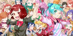  +_+ 6+girls ahoge alessandra_susu antenna_hair aqua_eyes aqua_hair bespectacled black_hair blonde_hair blue_eyes blue_hair blunt_bangs blush bob_cut box braid brown_eyes brown_hair commentary_request doughnut enko_momoda food french_braid giving glasses green_eyes green_hair grin hair_bobbles hair_ornament hanyuuda_mito harumi_kajika harumi_sawara harumi_shinju heart heart_hair_ornament hug hug_from_behind kamishiro_sui kasukabe_haru kotobuki_qruit kuonji_shizuka long_hair long_sleeves looking_at_viewer misonoo_mana multicolored_hair multiple_girls nanasaki_nicole nonohara_hime one_eye_closed open_mouth orange_hair own_hands_together pink_hair platinum_blonde_hair ponytail purple_hair red_eyes red_hair school_uniform serafuku serizawa_momoka short_hair smile tendouji_musubi tokyo_7th_sisters tsunomori_rona twintails two-tone_hair usuta_sumire v wakaouji_rui yusa_memoru 