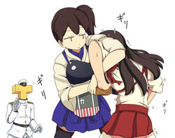  1boy 2girls admiral_(kancolle) akagi_(kancolle) armlock brown_hair commentary_request fingerless_gloves flying_sweatdrops gloves japanese_clothes kaga_(kancolle) kani_club kantai_collection kimura_lock kodoku_no_gourmet long_hair military military_uniform multiple_girls muneate parody partially_fingerless_gloves side_ponytail skirt sweat sweatdrop thighhighs trembling uniform yugake |_| 