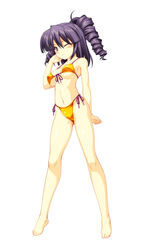  bare_legs bare_shoulders barefoot beatmania_iidx bikini blush breasts cleavage collarbone drill_hair female full_body highres kinoshita_ichi long_hair looking_at_viewer medium_breasts navel one_eye_closed purple_eyes purple_hair side-tie_bikini_bottom smile solo standing swimsuit umegiri_hifumi white_background 