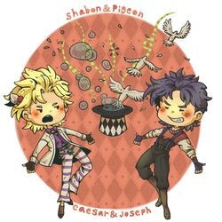  2boys bad_id bad_pixiv_id bird black_hair blonde_hair bubble caesar_anthonio_zeppeli chibi fingerless_gloves gloves hat iroha23628 jojo_no_kimyou_na_bouken joseph_joestar joseph_joestar_(young) multiple_boys pants pigeon striped_clothes striped_pants suspenders top_hat 