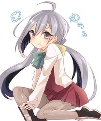  adjusting_clothes adjusting_shoe ahoge blush bow bowtie female grey_eyes grey_hair hair_ribbon highres kantai_collection kiyoshimo_(kantai_collection) long_hair long_sleeves looking_at_viewer low_twintails orqz pantyhose pout ribbon solo twintails very_long_hair 