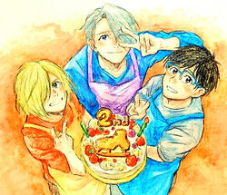  3boys anniversary apron bad_id bad_pixiv_id black_eyes black_hair blonde_hair blue-framed_eyewear blue_eyes cake food from_above glasses green_eyes grey_hair grin hair_over_one_eye ice_skates katsuki_yuuri male_focus multiple_boys one_eye_closed skates smile takeshi_(mononohu20) v v_over_eye viktor_nikiforov yuri!!!_on_ice yuri_plisetsky 