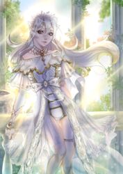  commentary_request corrin_(female)_(fire_emblem) corrin_(fire_emblem) dress female fire_emblem fire_emblem_fates highres jewelry kairiwhisper long_hair looking_at_viewer pointy_ears red_eyes smile solo white_dress white_hair 