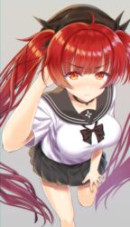  alternate_costume azur_lane bad_id bad_pixiv_id bangs black_bow black_skirt blunt_bangs blush bow bowtie breasts choker cleavage closed_mouth collarbone commentary eyebrows_visible_through_hair from_above hair_ribbon hand_on_leg hand_on_own_head hat highres honolulu_(azur_lane) kisshii_(kic1224) large_breasts leg_up long_hair looking_at_viewer peaked_cap pleated_skirt red_eyes red_hair ribbon school_uniform serafuku sidelocks skirt solo twintails 