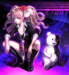  bad_id bad_pixiv_id black_panties blue_eyes boots bow breasts character_name cleavage collarbone commentary_request danganronpa:_trigger_happy_havoc danganronpa_(series) enoshima_junko female freckles full_body hair_ornament hairbow hairclip ikusaba_mukuro kogami_akito long_hair looking_at_viewer loose_necktie medium_breasts monokuma necktie panties pantyshot photoshop_(medium) pink_hair plaid plaid_skirt rabbit_hair_ornament skirt sleeves_rolled_up squatting underwear white_necktie wing_collar 