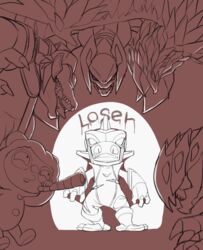  2016 anivia_(lol) armor bodily_fluids clothed clothing crocodile crocodilian crocodylid digital_drawing_(artwork) digital_media_(artwork) english_text fizz_(lol) group humiliation kog&#039;maw_(lol) league_of_legends male manmosu_marimo marine monochrome open_mouth renekton reptile riot_games scalie shadow skarner_(lol) standing tears teemo_(lol) teeth tencent text yordle 