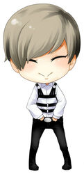  1boy bangs belt bigbang blonde_hair chibi closed_eyes daesung grey_hair harness k-pop long_sleeves lowres male male_focus microphone pigeon-toed shirt short_hair simple_background smile solo standing white_background white_shirt 