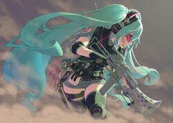  achako_(badendo) aqua_hair bandaid bandaid_on_face battle_rifle belt bipod cable character_name commentary_request copyright_name dust elbow_pads female fingerless_gloves fusion gloves goggles gun hatsune_miku headphones headset holding holding_gun holding_weapon holster knee_pads load_bearing_vest long_hair megaphone microphone military_operator photoshop_(medium) pink-tinted_eyewear rifle safety_glasses short_sleeves solo thigh_holster thigh_strap thighhighs tinted_eyewear trigger_discipline twintails very_long_hair visor vocaloid walkie-talkie weapon yamaha 