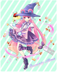  boots character_name checkerboard_cookie cherry commentary_request cookie dress dumpty_alma emil_chronicle_online female food fork fruit hat hoshino_(nia_hoshino) kiwi_(fruit) long_hair looking_at_viewer macaron photoshop_(medium) pink_hair pudding purple_eyes puzzle_&amp;_dragons solo striped_clothes striped_thighhighs thighhighs very_long_hair witch_hat 