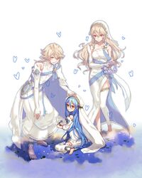  1boy 2girls aged_down aqua_hair azura_(fire_emblem) azura_(young)_(fire_emblem) bad_id bad_twitter_id barefoot bug butterfly closed_mouth commentary_request corrin_(female)_(adrift)_(fire_emblem) corrin_(female)_(fire_emblem) corrin_(fire_emblem) corrin_(male)_(adrift)_(fire_emblem) corrin_(male)_(fire_emblem) danno_gs dress elbow_gloves fingerless_gloves fire_emblem fire_emblem_fates fire_emblem_heroes flower gloves hand_on_another&#039;s_head highres leaning_forward long_hair looking_to_the_side multiple_girls parted_lips pointy_ears red_eyes short_hair sitting smile standing veil white_dress white_gloves white_hair wreath yellow_eyes 