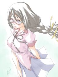  ^jj^ bakemonogatari black_hair blush braid breasts commentary_request female glasses hair_ornament hair_ribbon hairclip hanekawa_tsubasa highres large_breasts long_hair monogatari_(series) naoetsu_high_school_uniform overexposure purple_eyes ribbon school_uniform simple_background skirt skirt_tug solo standing twin_braids wind 