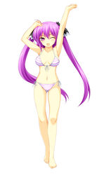  armpits arms_up ass_visible_through_thighs bare_legs bare_shoulders barefoot beatmania_iidx bikini collarbone female full_body halterneck highres kinoshita_ichi long_hair looking_at_viewer mizushiro_celica navel one_eye_closed open_mouth purple_eyes purple_hair side-tie_bikini_bottom smile solo striped_bikini striped_clothes swimsuit twintails white_background 