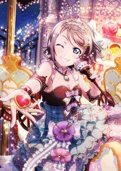  blue_eyes blush dress gloves grey_hair love_live!_school_idol_festival love_live!_school_idol_project short_hair smile valentines watanabe_you wink 